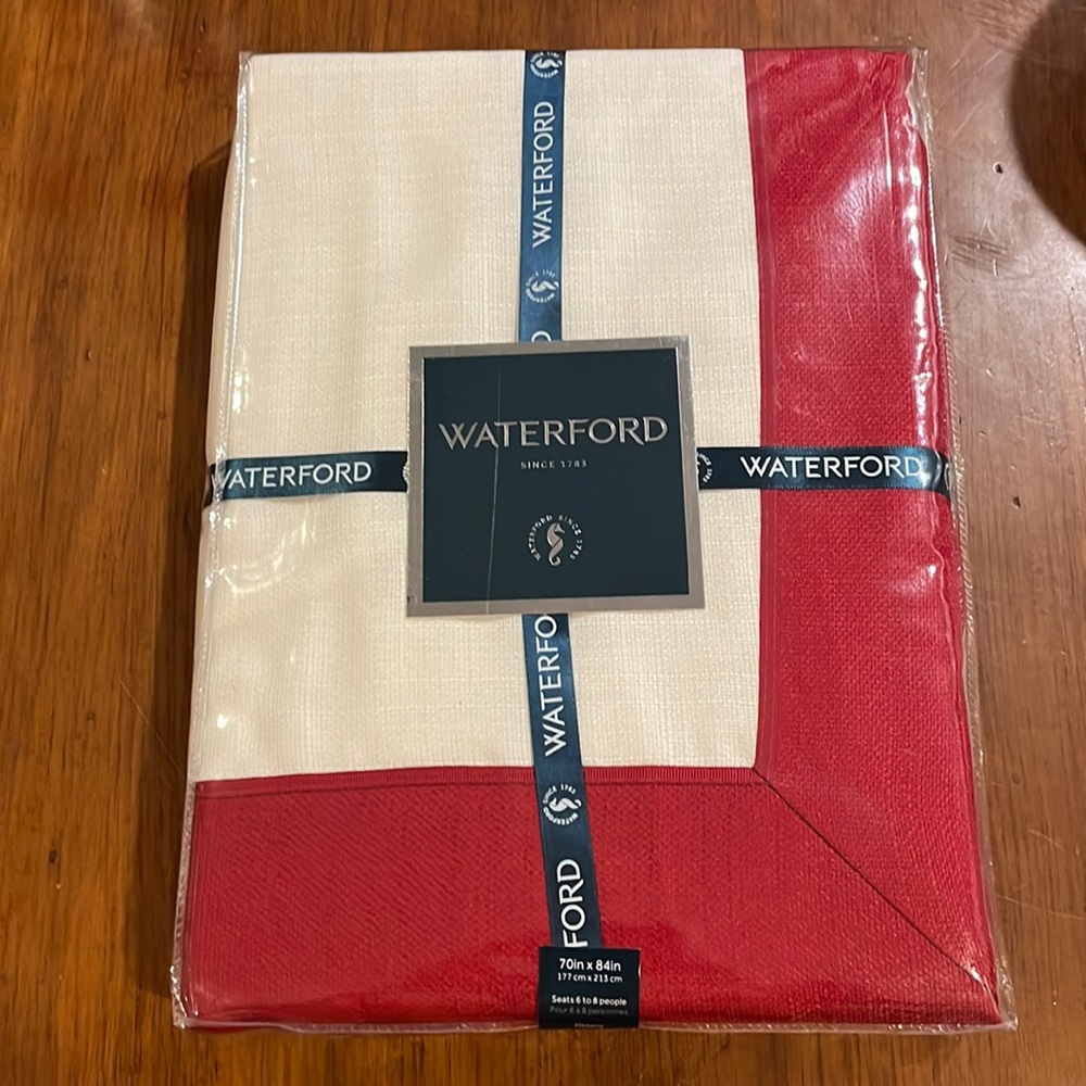 Waterford red cream holiday dining Tablecloth 70”x84” fits 6-8 people new